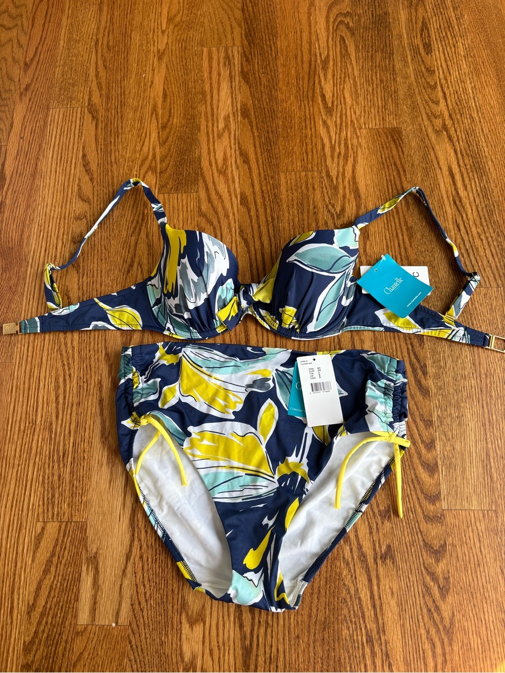 Chantelle Navy Floral Underwire Bikini Set with Yellow & Teal Accents